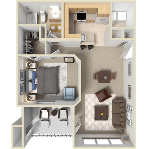 Floor plan for 1 bed, 1 bath, 690 sqft